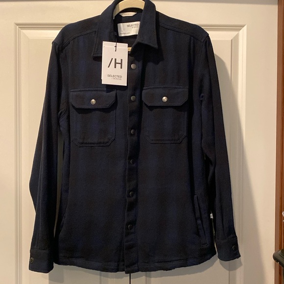 NWT Selected Homme ASOS Plaid Snap Button Blue Flannel Shirt Jacket. Size Small. - Picture 2 of 12